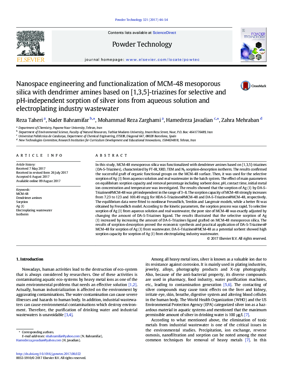 Nanospace engineering and functionalization of MCM-48 mesoporous silica with dendrimer amines based on [1,3,5]-triazines for selective and pH-independent sorption of silver ions from aqueous solution and electroplating industry wastewater