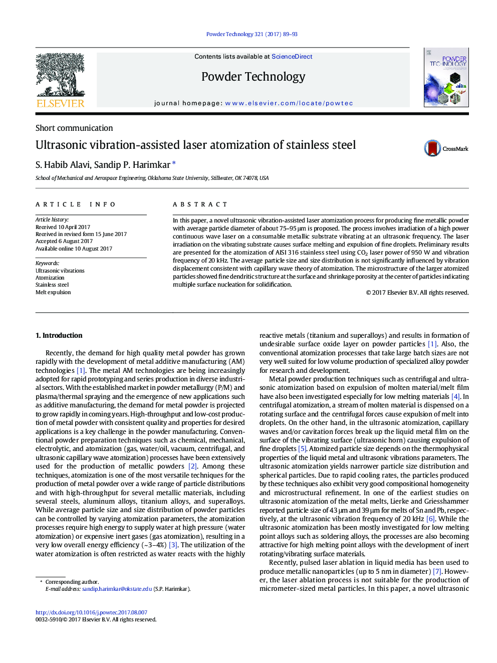 Ultrasonic vibration-assisted laser atomization of stainless steel