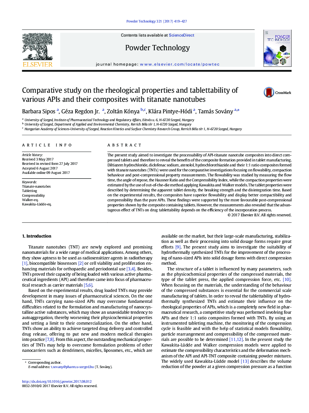 Comparative study on the rheological properties and tablettability of various APIs and their composites with titanate nanotubes