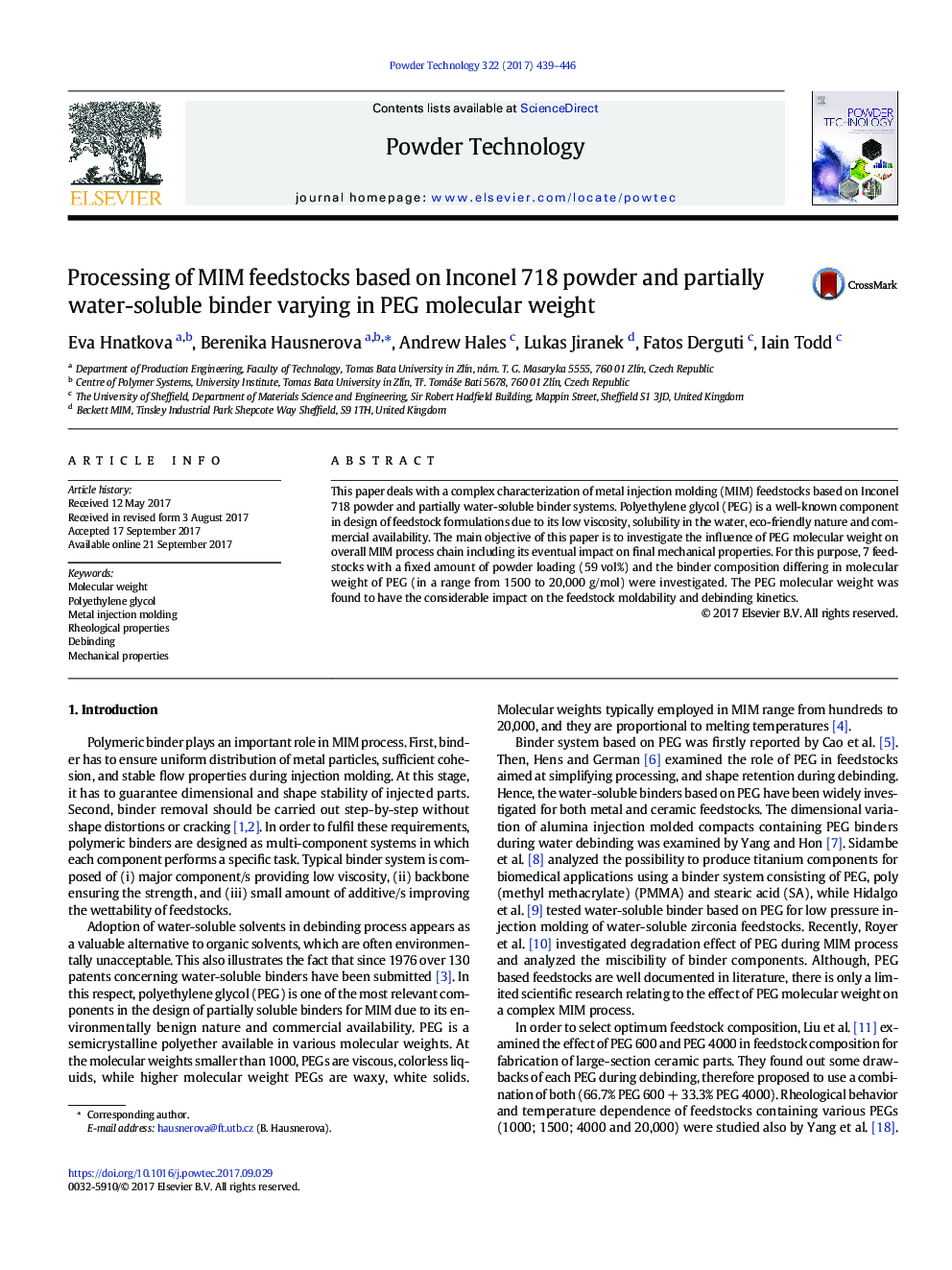 Processing of MIM feedstocks based on Inconel 718 powder and partially water-soluble binder varying in PEG molecular weight