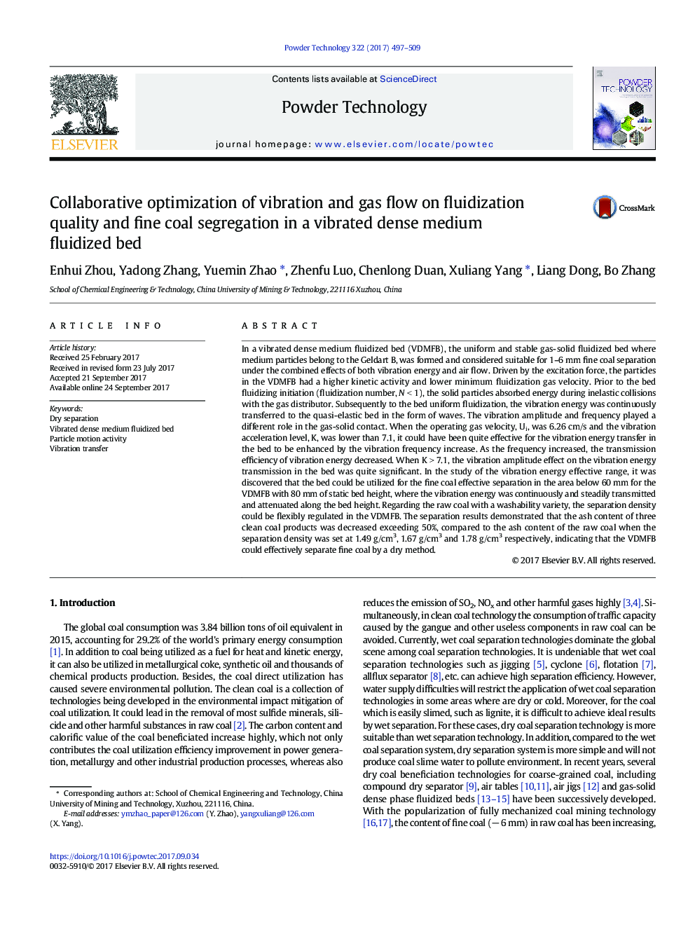 Collaborative optimization of vibration and gas flow on fluidization quality and fine coal segregation in a vibrated dense medium fluidized bed