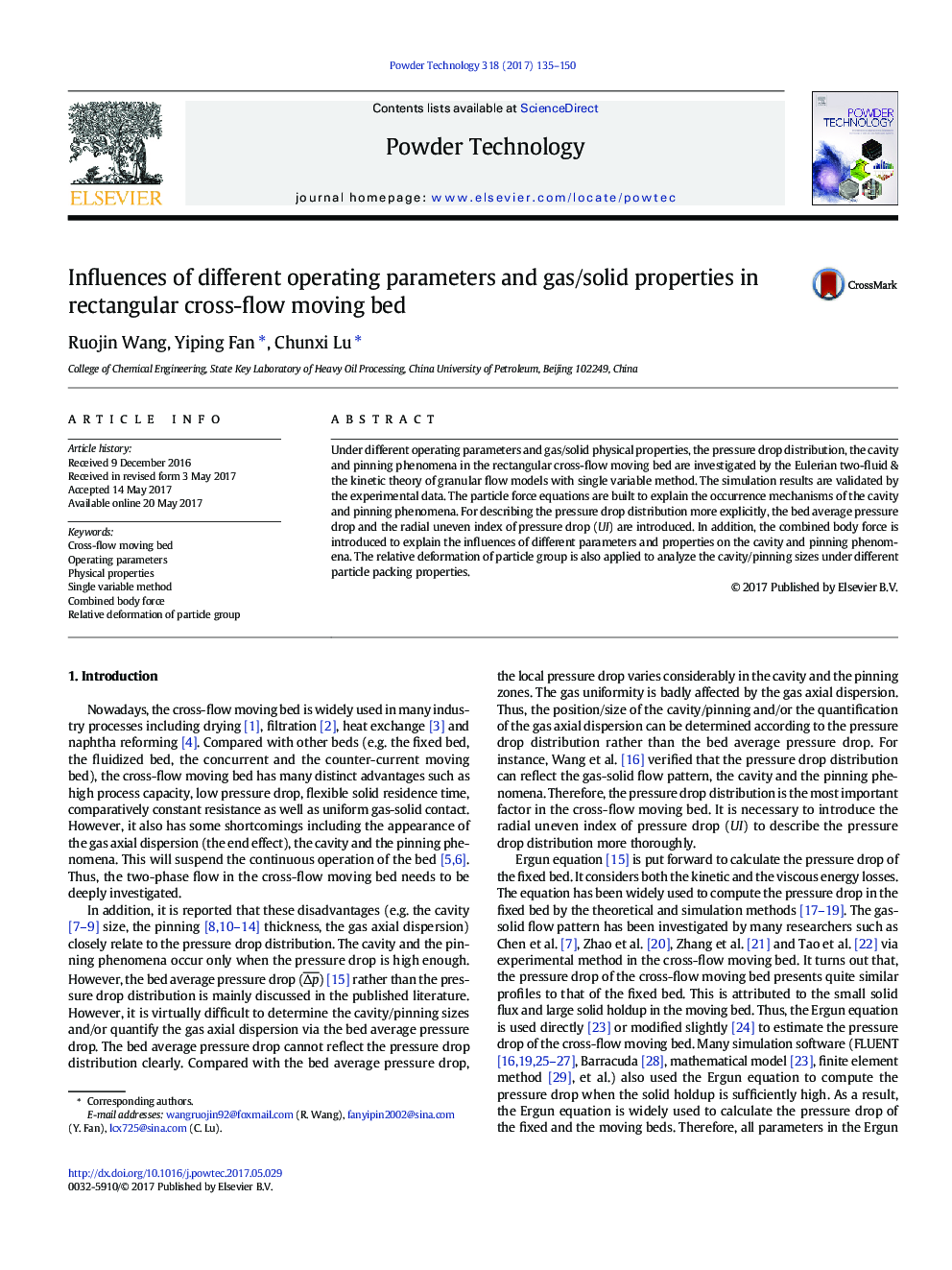 Influences of different operating parameters and gas/solid properties in rectangular cross-flow moving bed