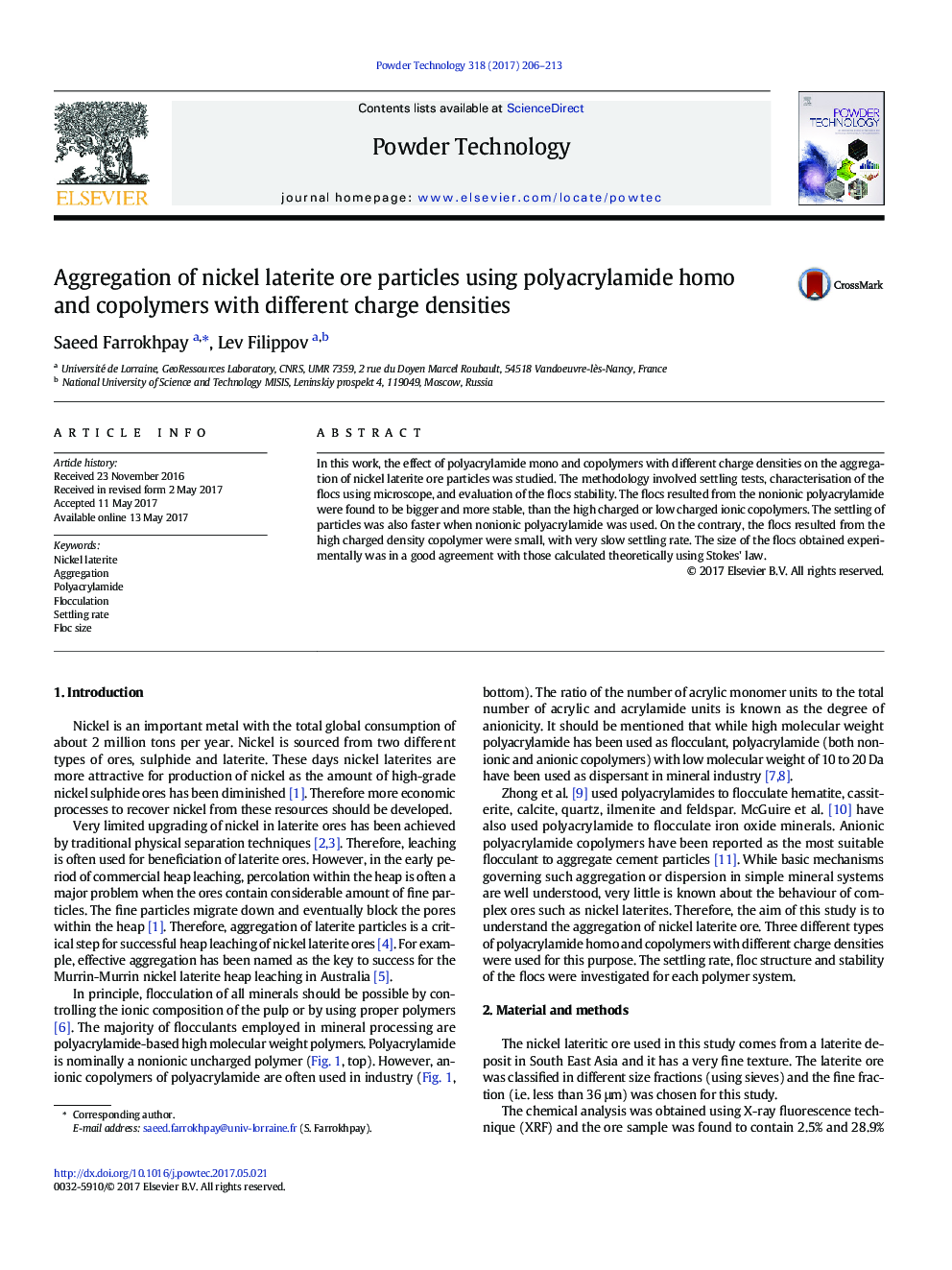 Aggregation of nickel laterite ore particles using polyacrylamide homo and copolymers with different charge densities