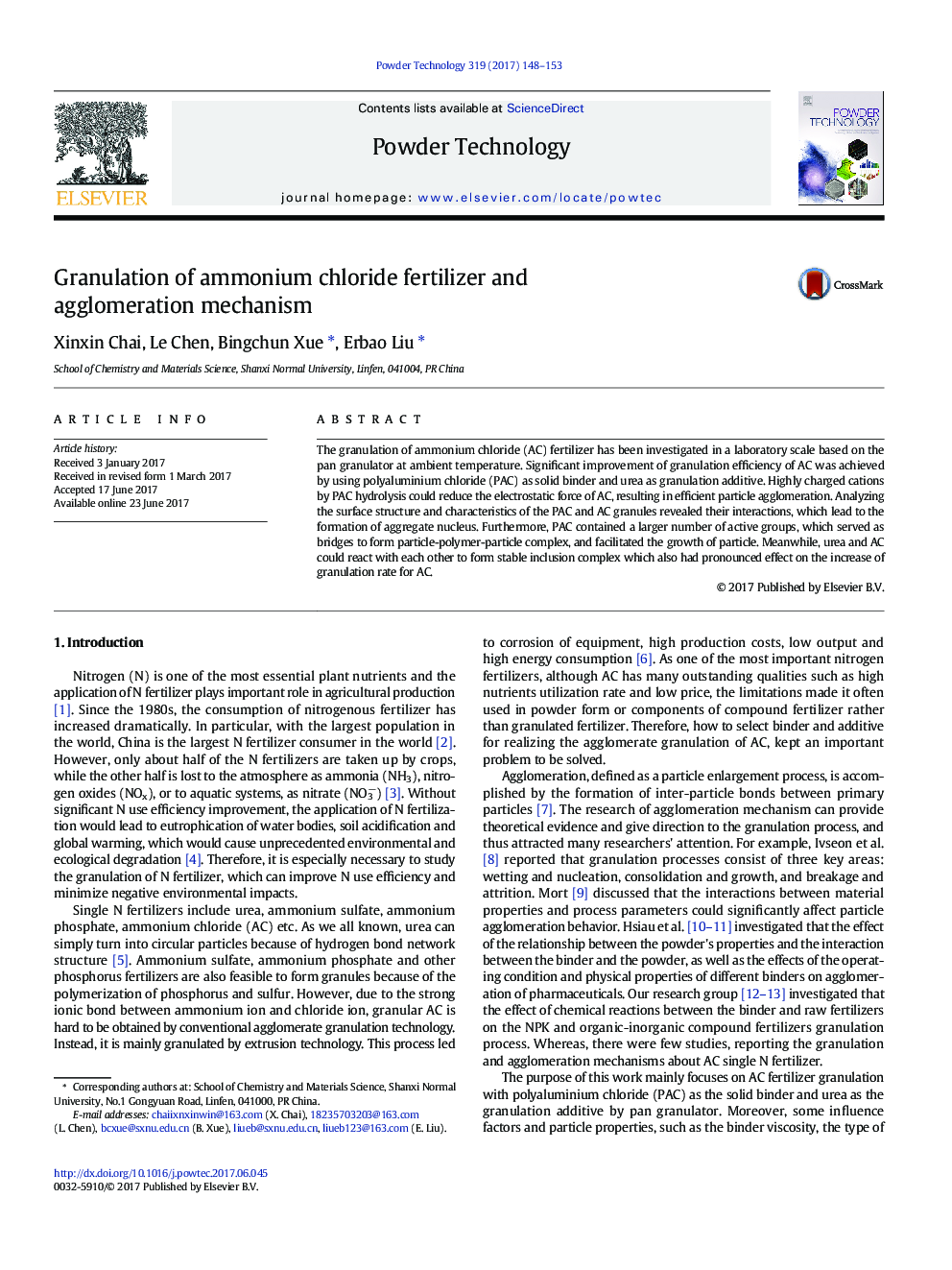Granulation of ammonium chloride fertilizer and agglomeration mechanism