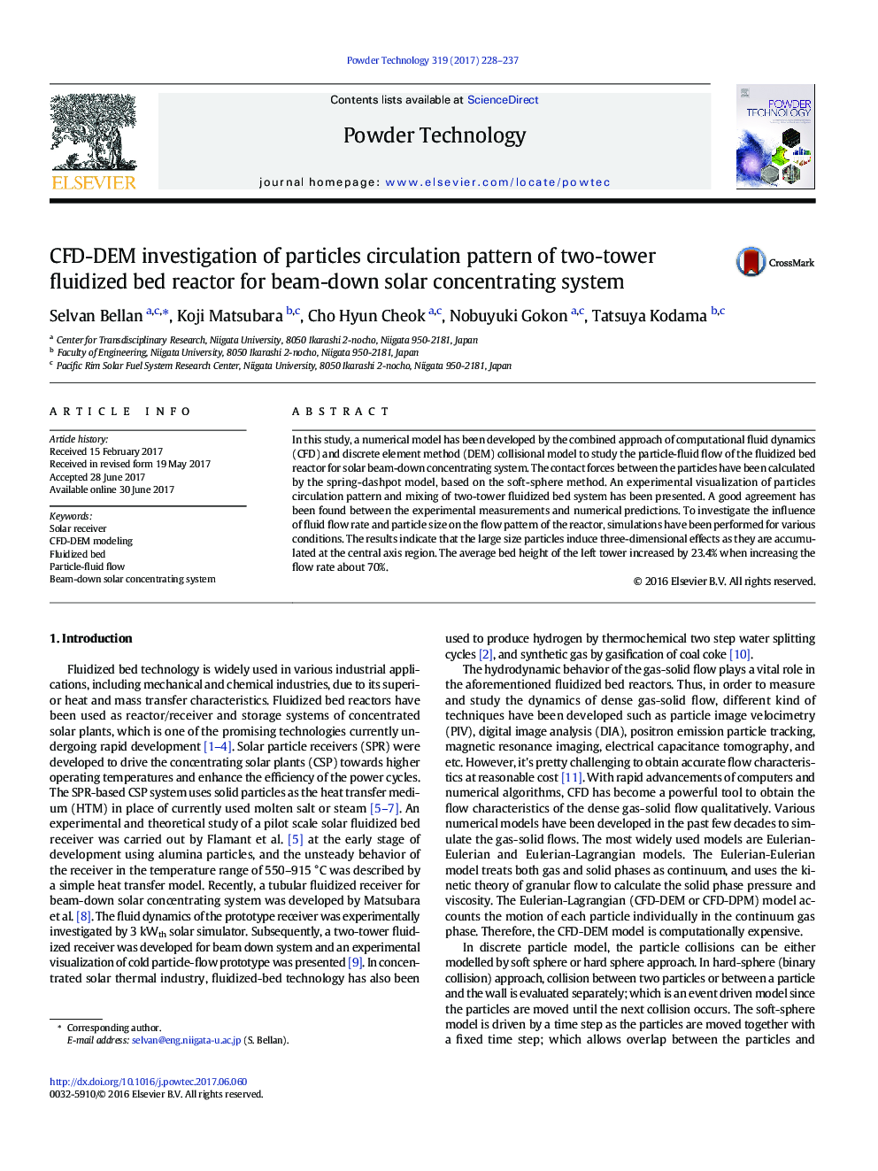 CFD-DEM investigation of particles circulation pattern of two-tower fluidized bed reactor for beam-down solar concentrating system