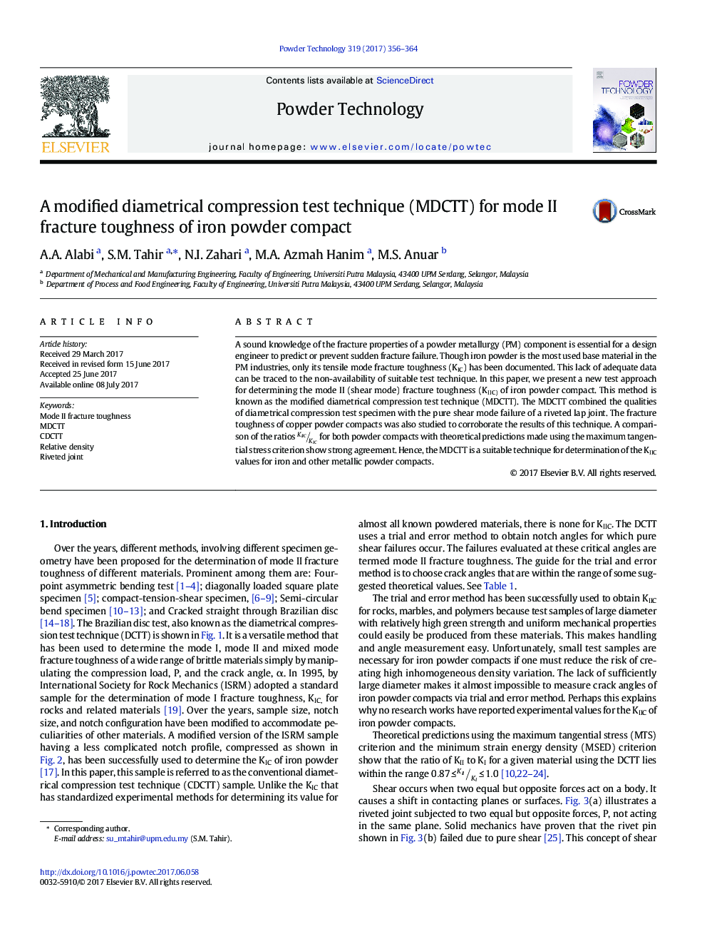 A modified diametrical compression test technique (MDCTT) for mode II fracture toughness of iron powder compact