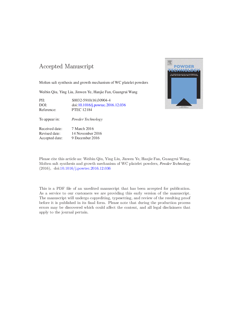 Molten salt synthesis and growth mechanism of WC platelet powders