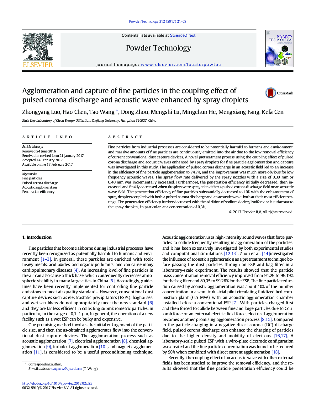 Agglomeration and capture of fine particles in the coupling effect of pulsed corona discharge and acoustic wave enhanced by spray droplets