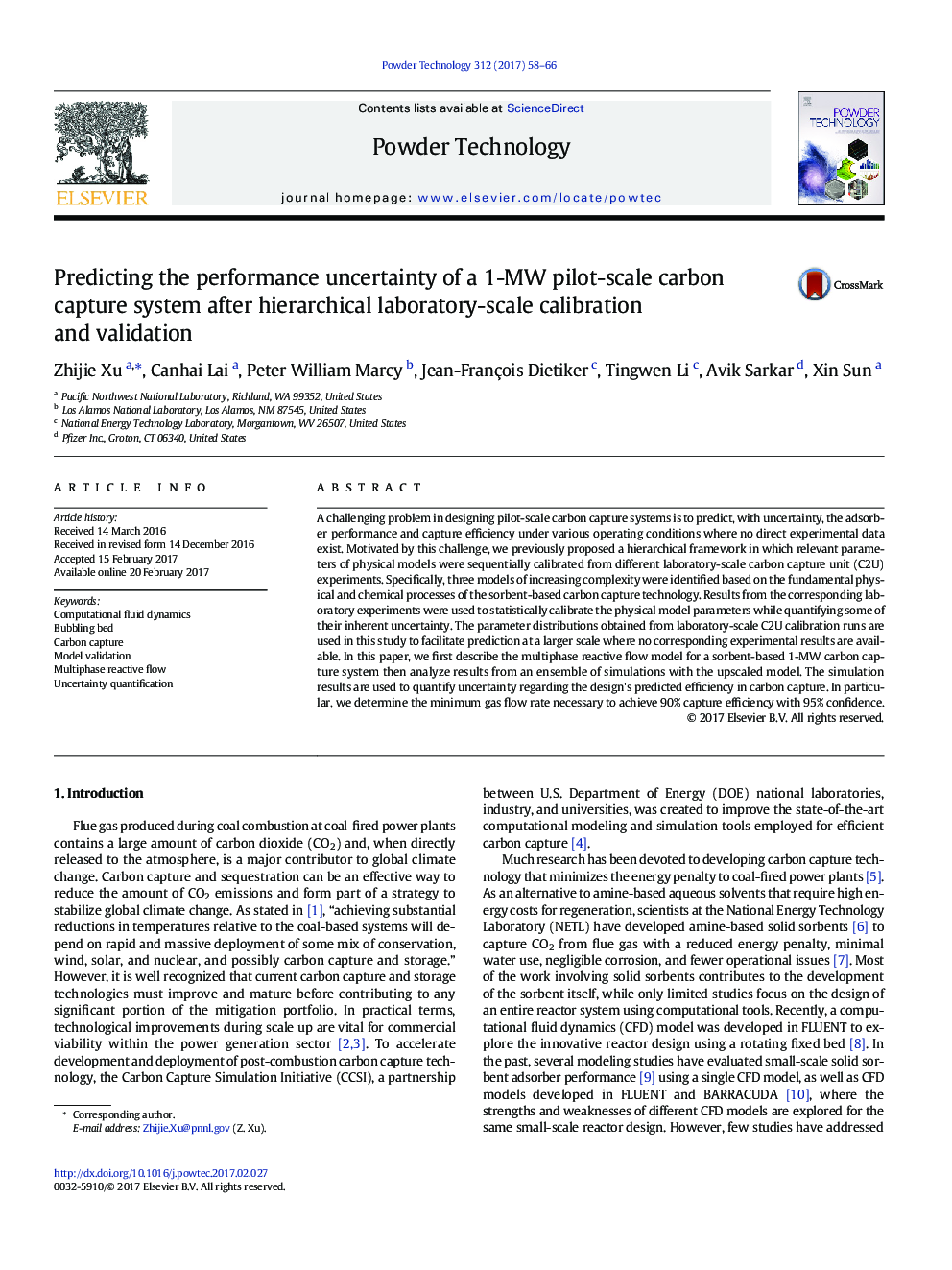 Predicting the performance uncertainty of a 1-MW pilot-scale carbon capture system after hierarchical laboratory-scale calibration and validation