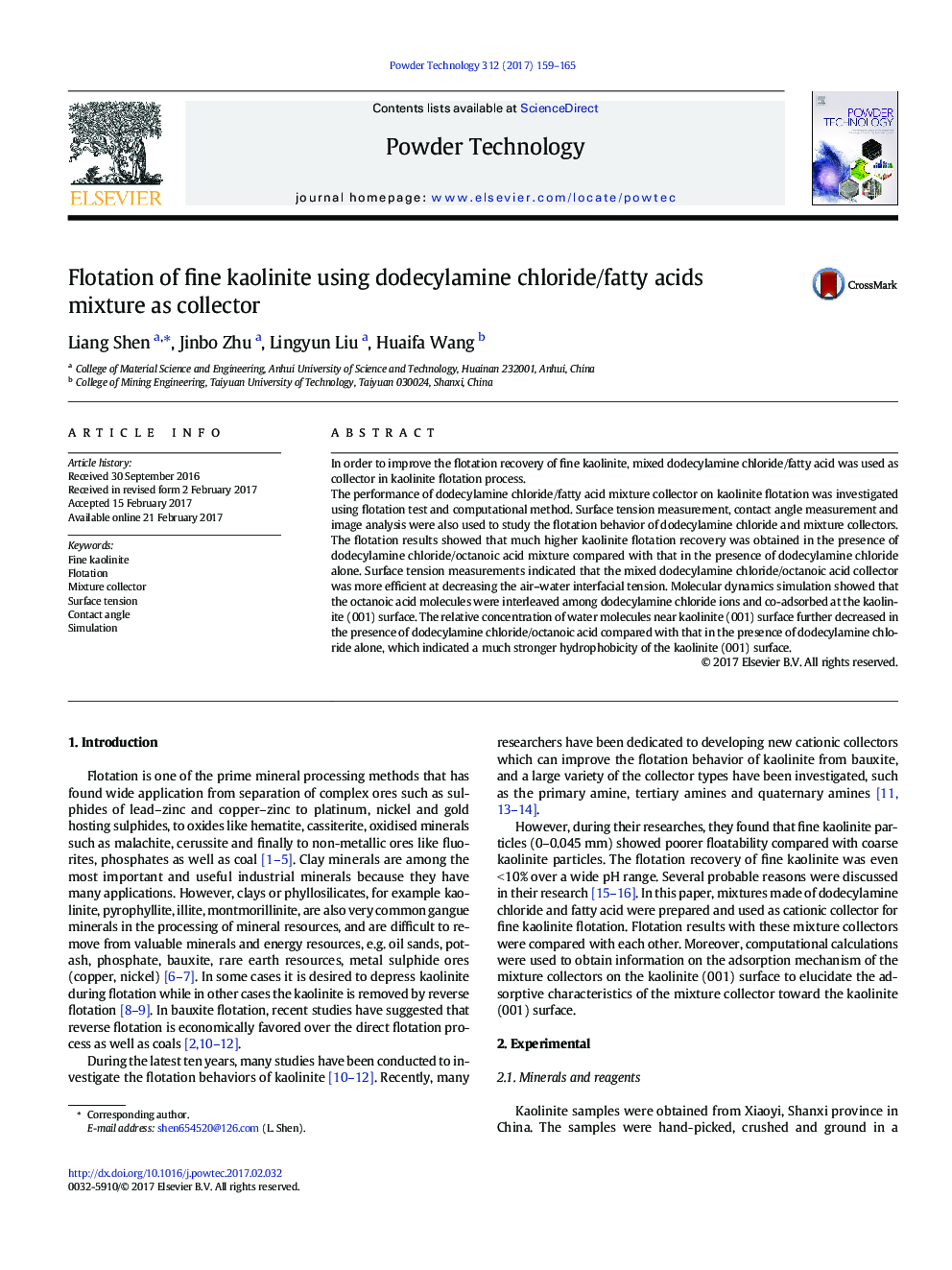 Flotation of fine kaolinite using dodecylamine chloride/fatty acids mixture as collector