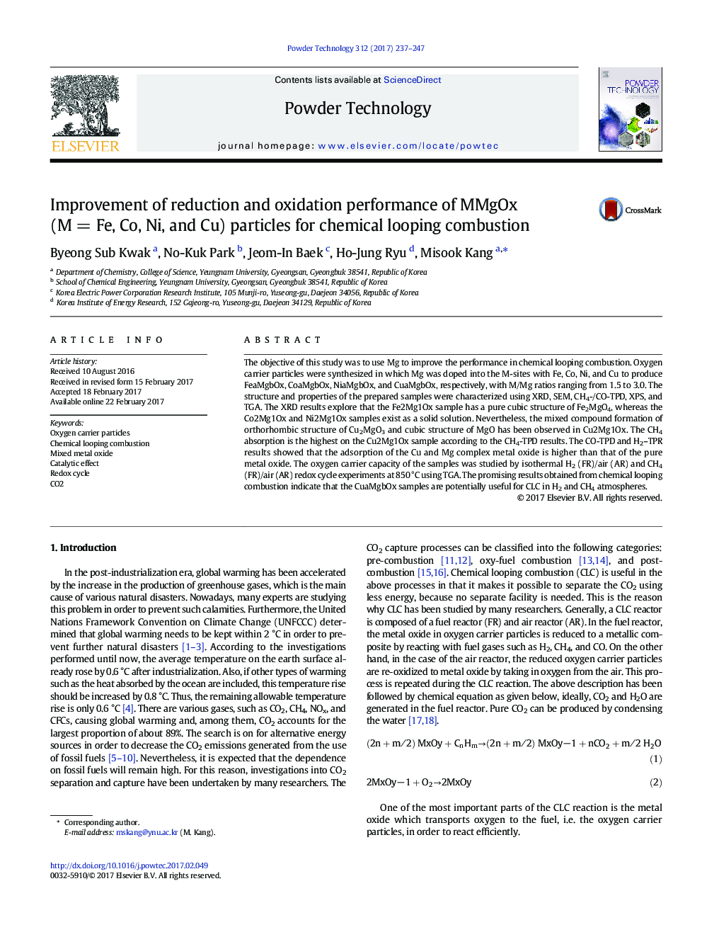 Improvement of reduction and oxidation performance of MMgOx (MÂ =Â Fe, Co, Ni, and Cu) particles for chemical looping combustion