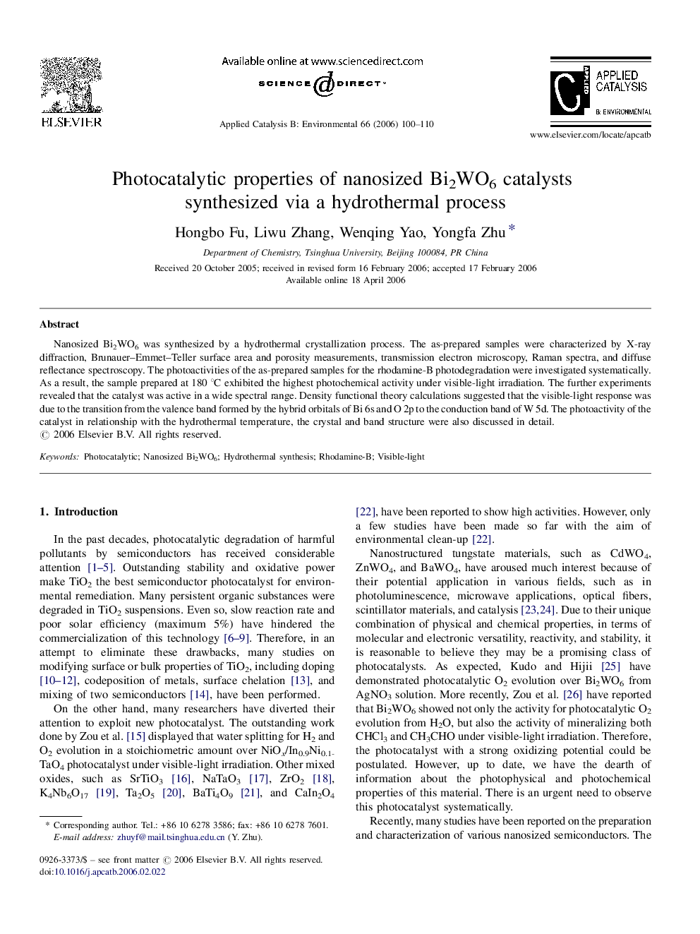 عکس صفحه اول مقاله: Photocatalytic properties of nanosized Bi2WO6 catalysts synthesized via a hydrothermal process Photocatalytic properties of nanosized Bi2WO6 catalysts synthesized via a hydrothermal process