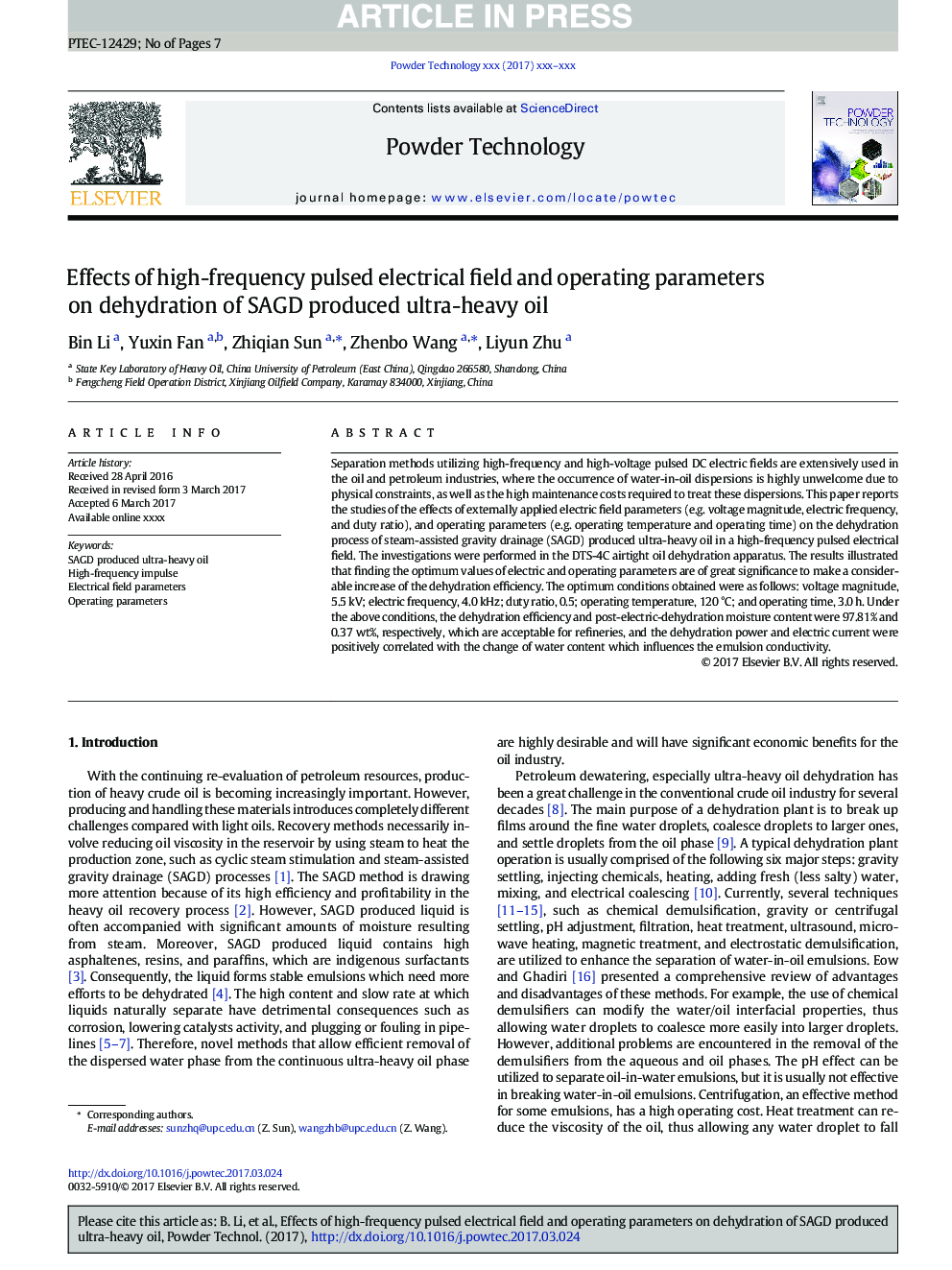 Effects of high-frequency pulsed electrical field and operating parameters on dehydration of SAGD produced ultra-heavy oil