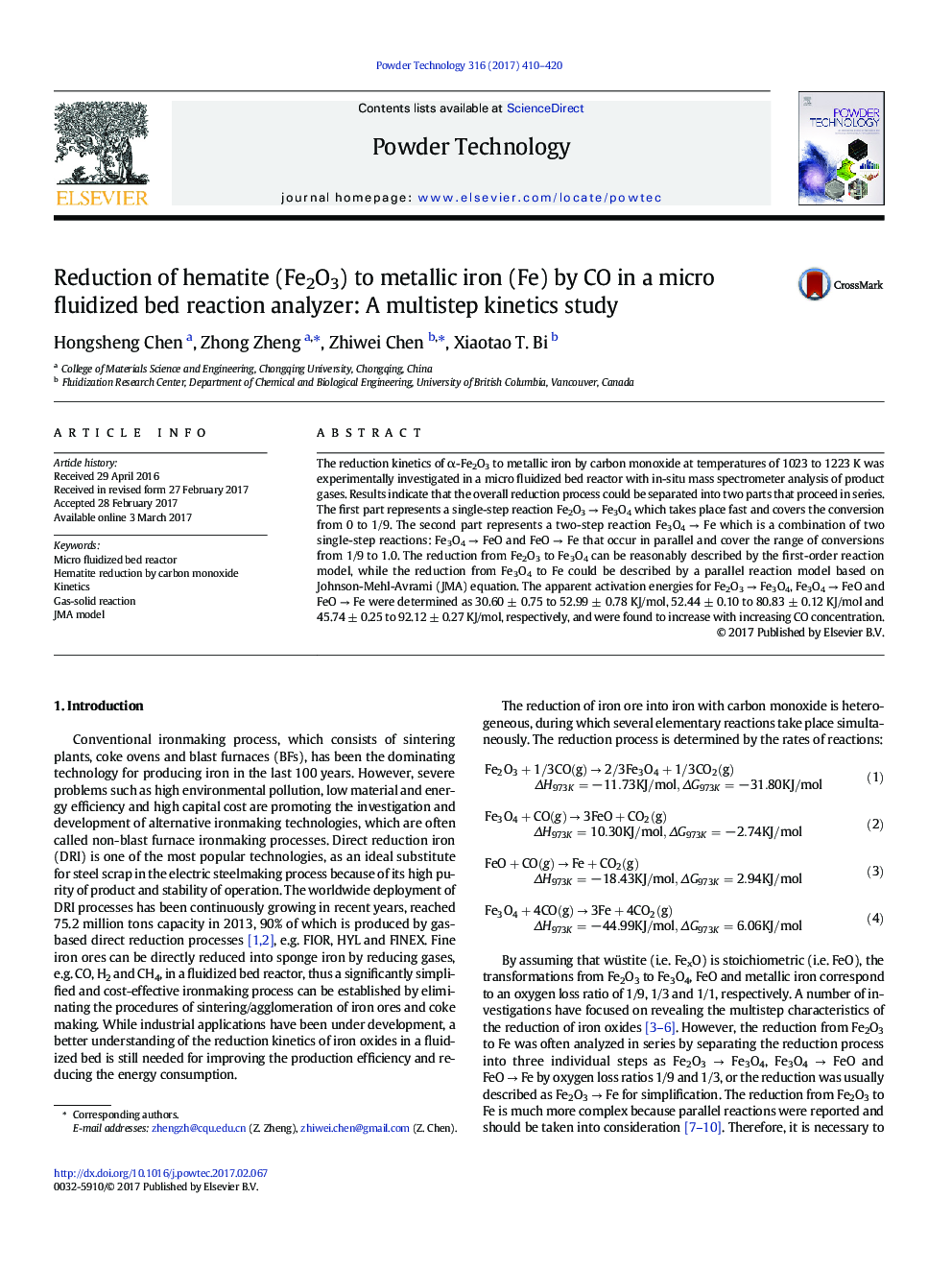 Reduction of hematite (Fe2O3) to metallic iron (Fe) by CO in a micro fluidized bed reaction analyzer: A multistep kinetics study