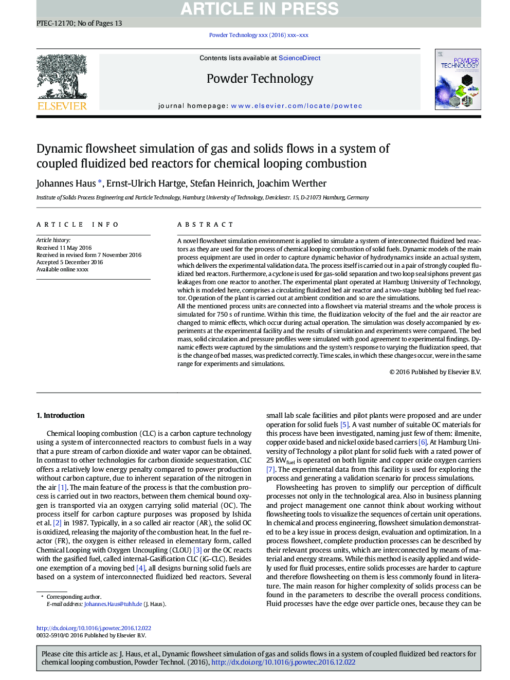 Dynamic flowsheet simulation of gas and solids flows in a system of coupled fluidized bed reactors for chemical looping combustion