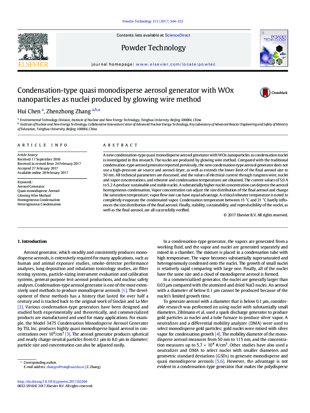 Condensation-type quasi monodisperse aerosol generator with WOx nanoparticles as nuclei produced by glowing wire method