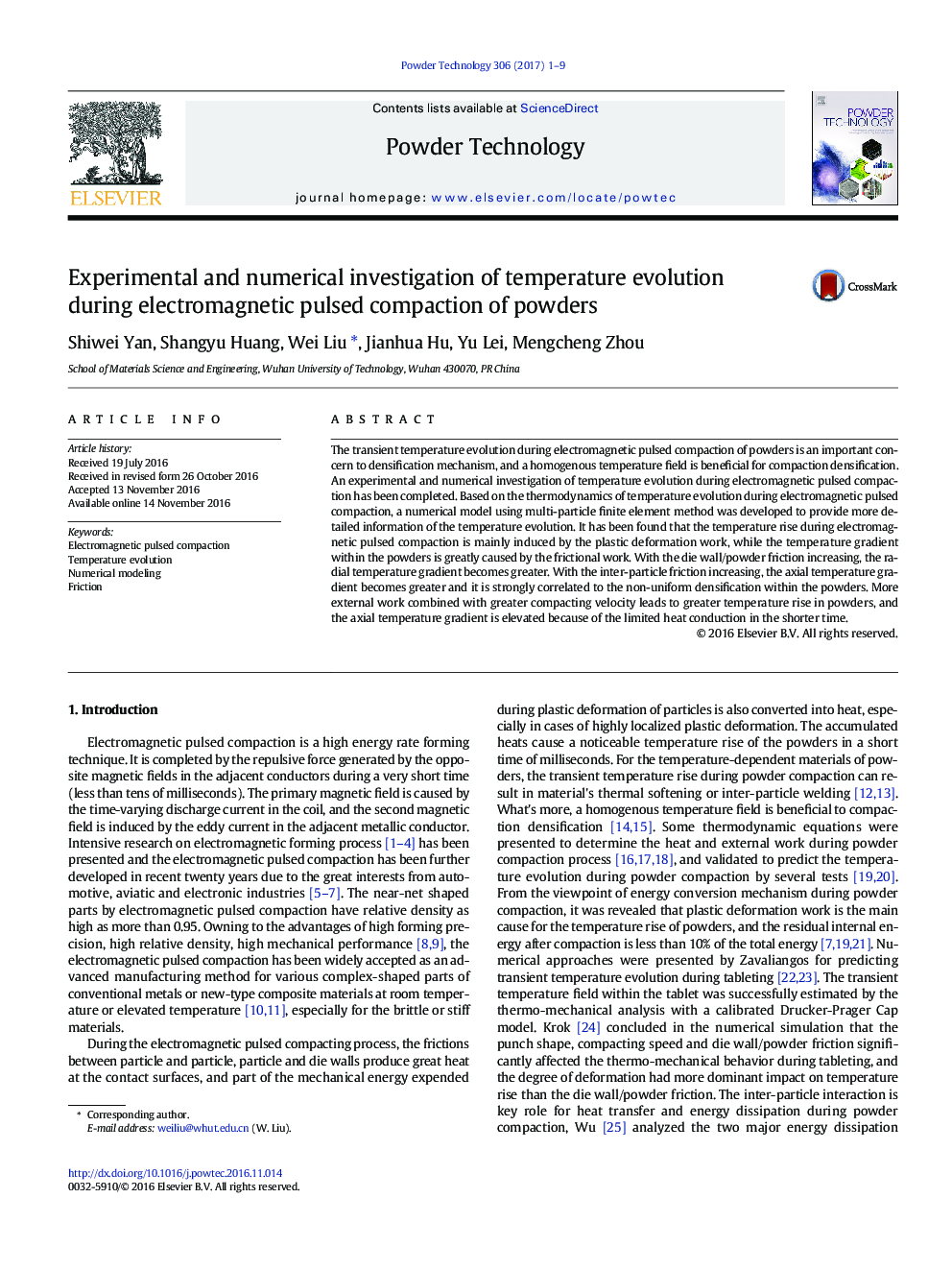 Experimental and numerical investigation of temperature evolution during electromagnetic pulsed compaction of powders