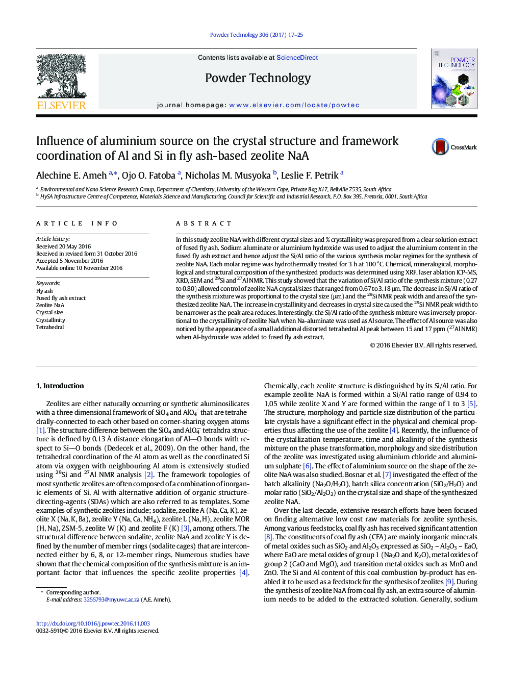 Influence of aluminium source on the crystal structure and framework coordination of Al and Si in fly ash-based zeolite NaA