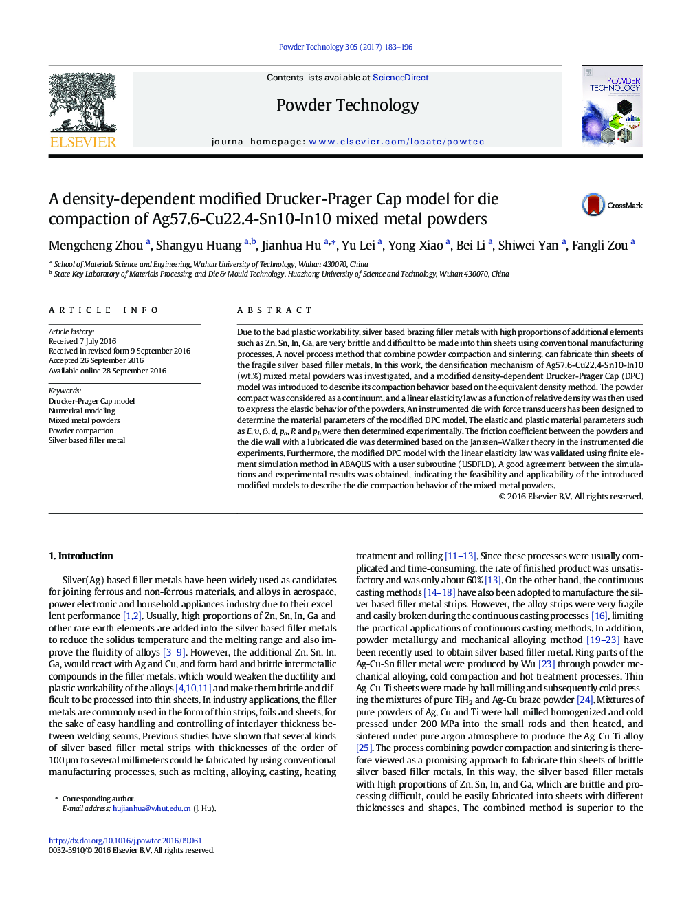 A density-dependent modified Drucker-Prager Cap model for die compaction of Ag57.6-Cu22.4-Sn10-In10 mixed metal powders