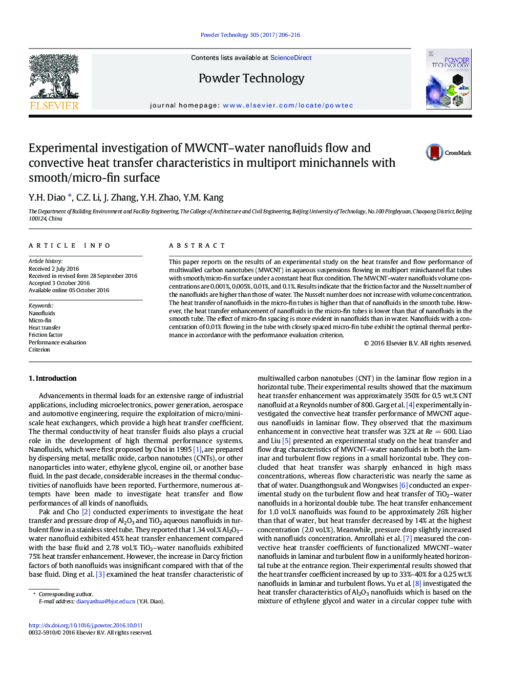 Experimental investigation of MWCNT-water nanofluids flow and convective heat transfer characteristics in multiport minichannels with smooth/micro-fin surface