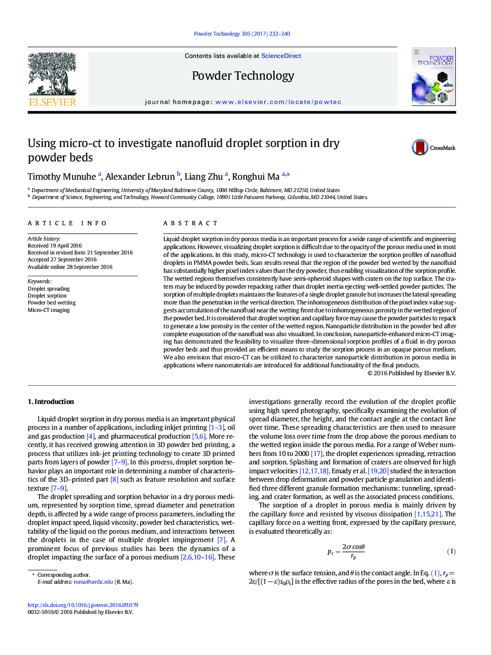 Using micro-ct to investigate nanofluid droplet sorption in dry powder beds