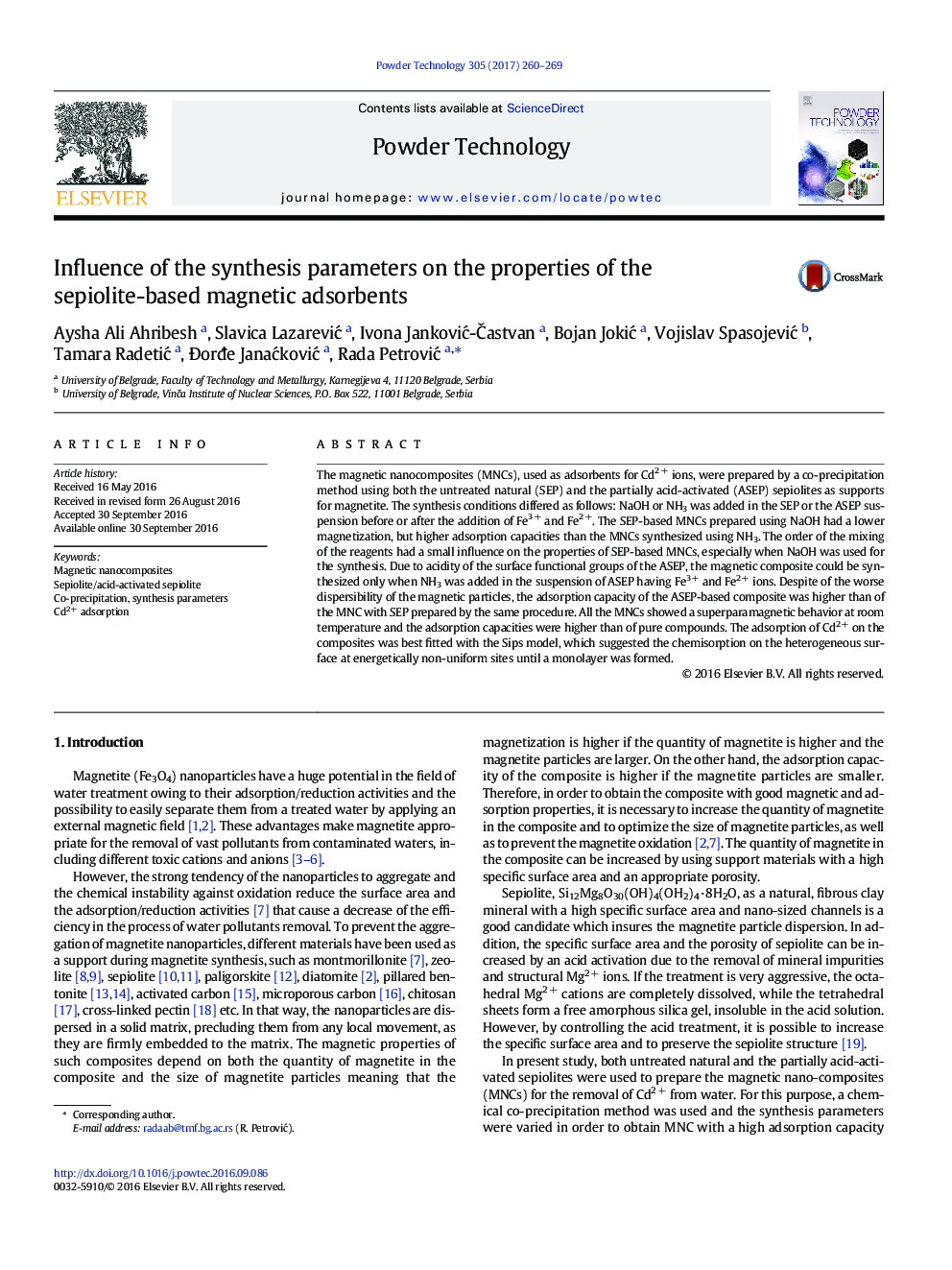 Influence of the synthesis parameters on the properties of the sepiolite-based magnetic adsorbents