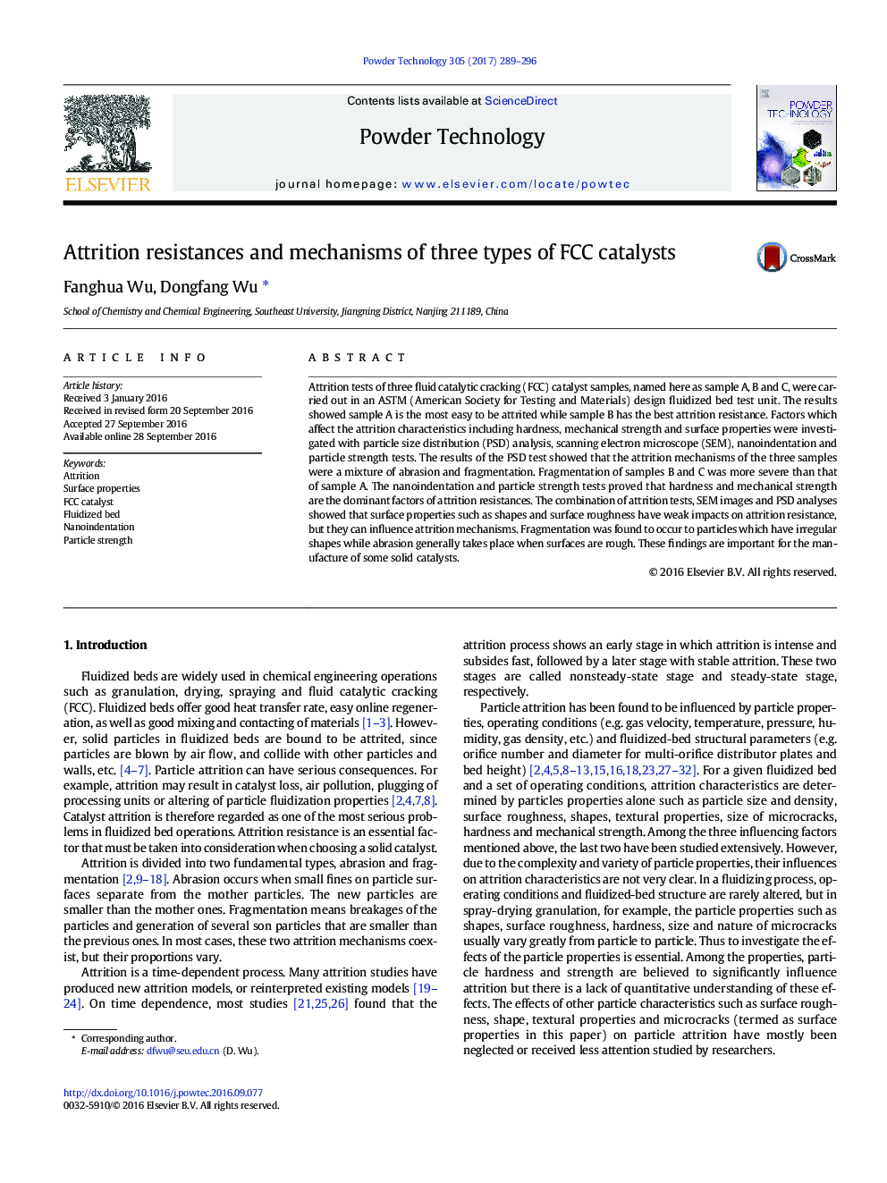 Attrition resistances and mechanisms of three types of FCC catalysts