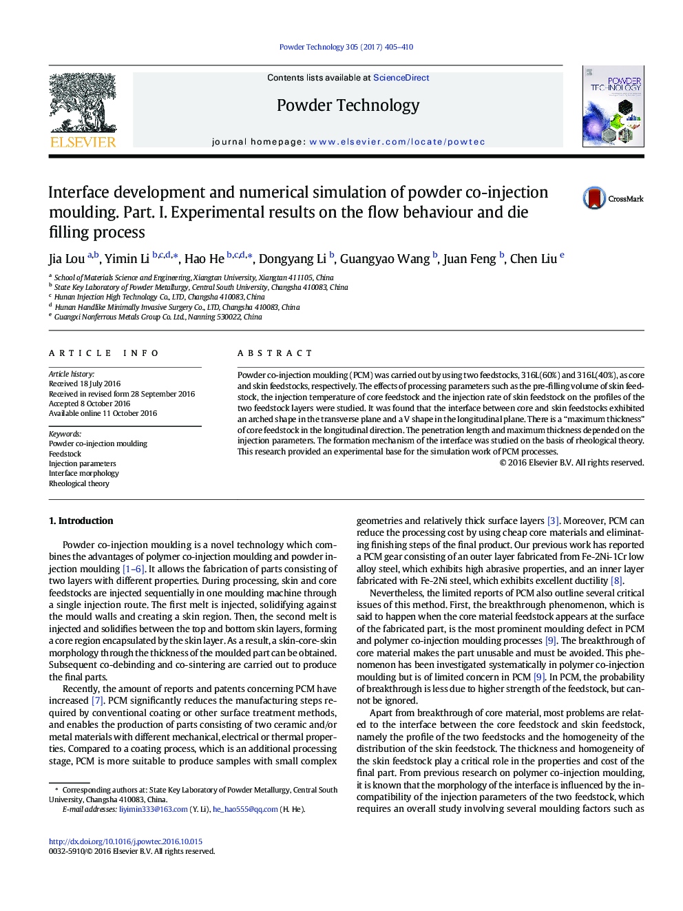 Interface development and numerical simulation of powder co-injection moulding. Part. I. Experimental results on the flow behaviour and die filling process