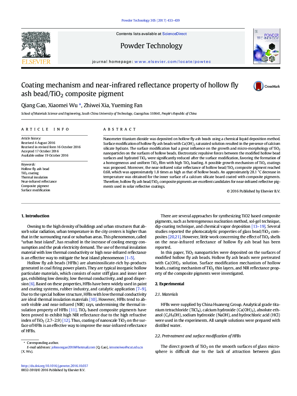 Coating mechanism and near-infrared reflectance property of hollow fly ash bead/TiO2 composite pigment