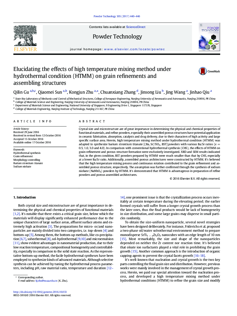 عکس صفحه اول مقاله: Elucidating the effects of high temperature mixing method under hydrothermal condition (HTMM) on grain refinements and assembling structures Elucidating the effects of high temperature mixing method under hydrothermal condition (HTMM) on grain refinements and assembling structures