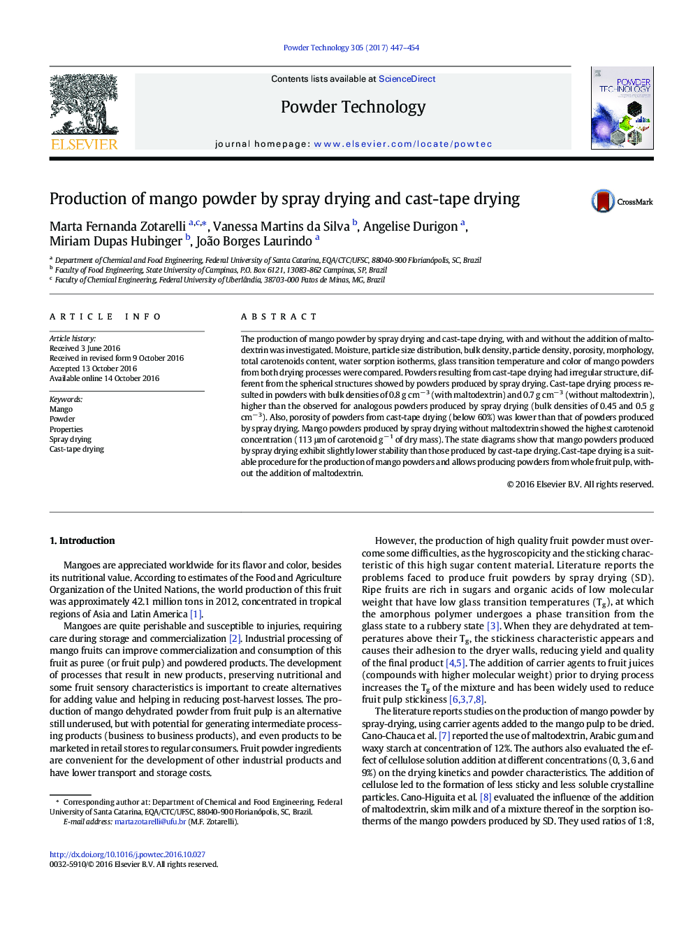 Production of mango powder by spray drying and cast-tape drying