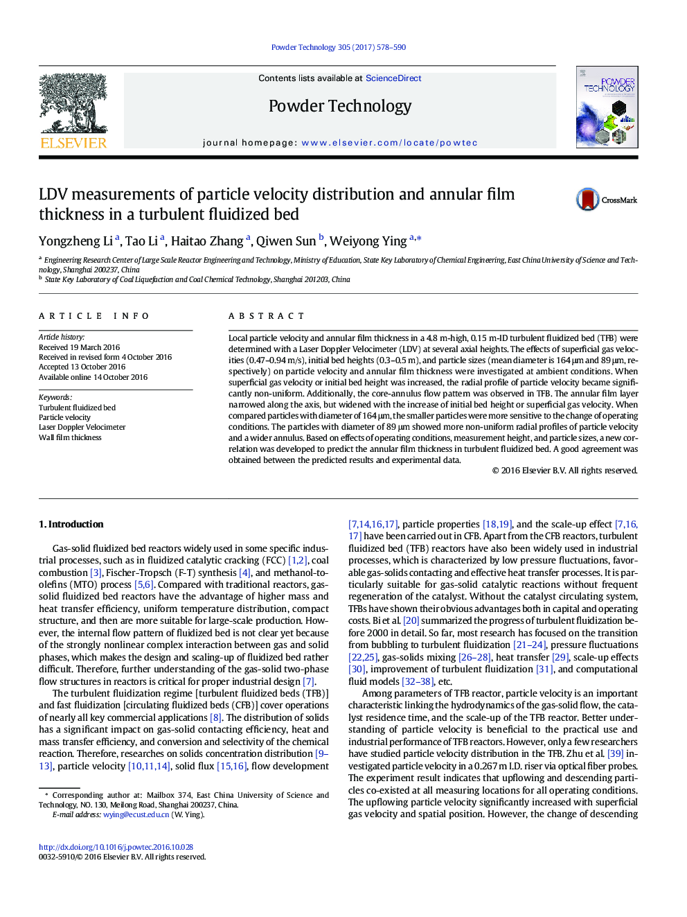 LDV measurements of particle velocity distribution and annular film thickness in a turbulent fluidized bed