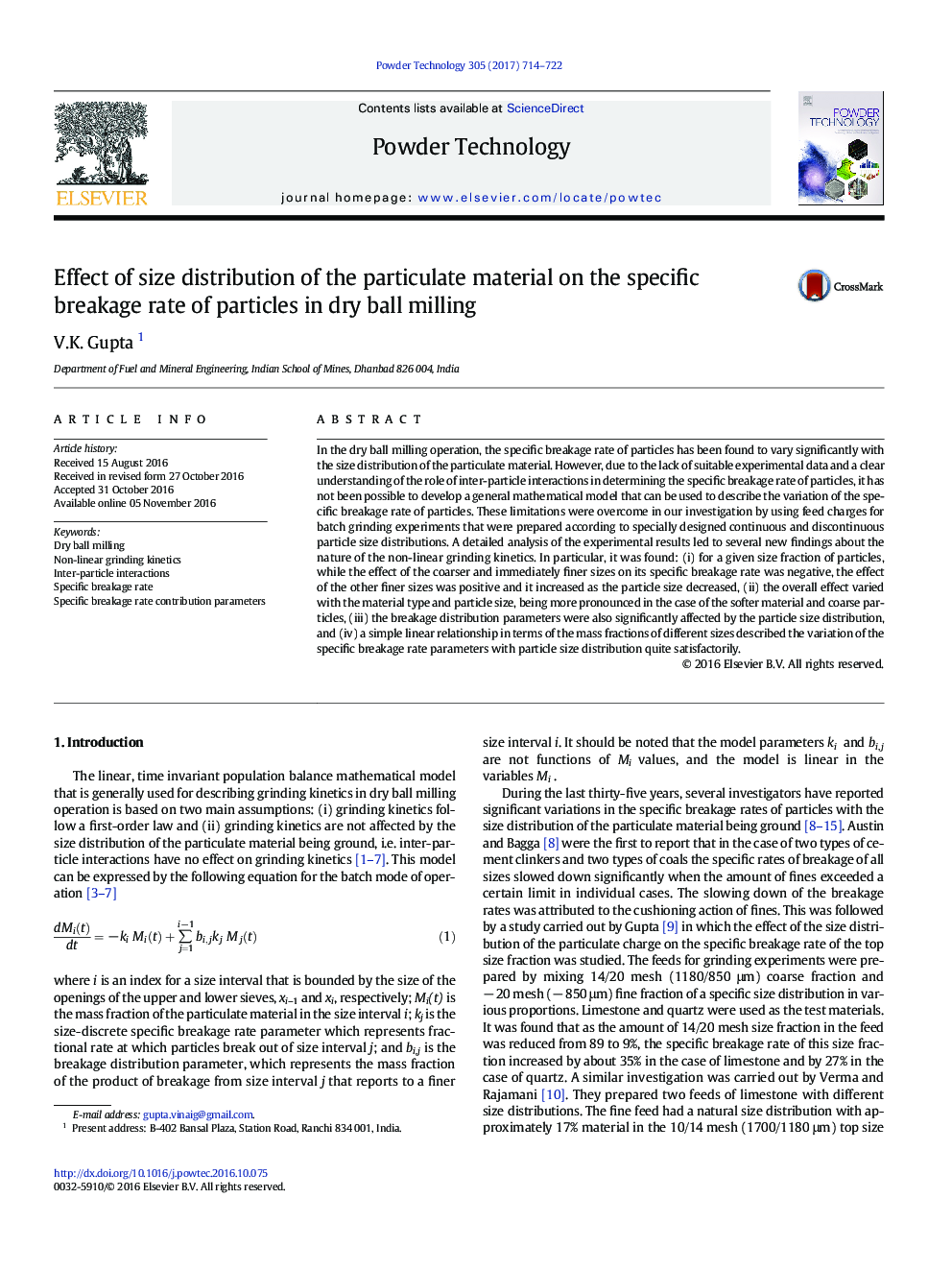 Effect of size distribution of the particulate material on the specific breakage rate of particles in dry ball milling