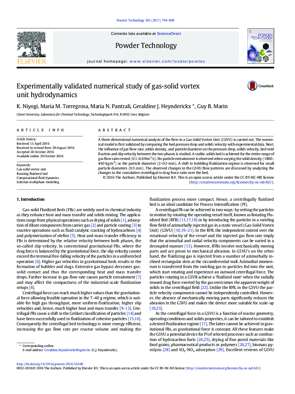 Experimentally validated numerical study of gas-solid vortex unit hydrodynamics