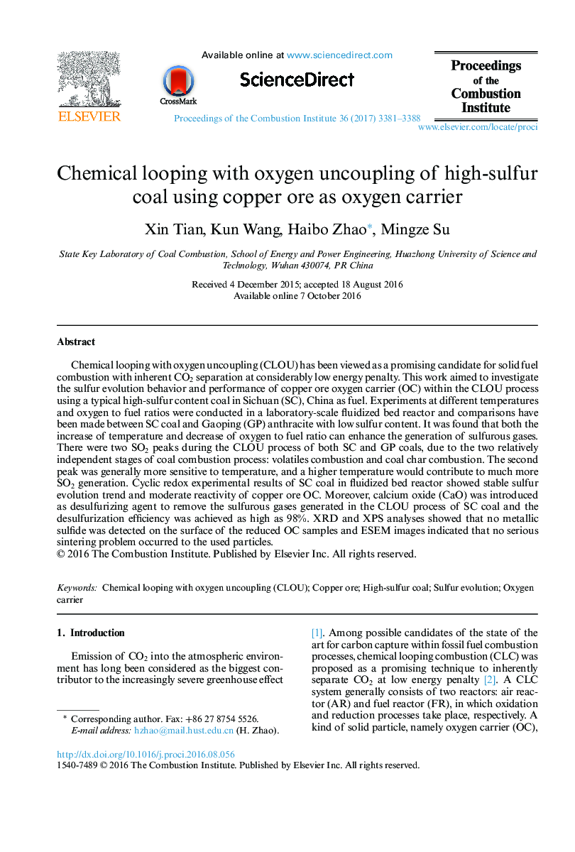 Chemical looping with oxygen uncoupling of high-sulfur coal using copper ore as oxygen carrier