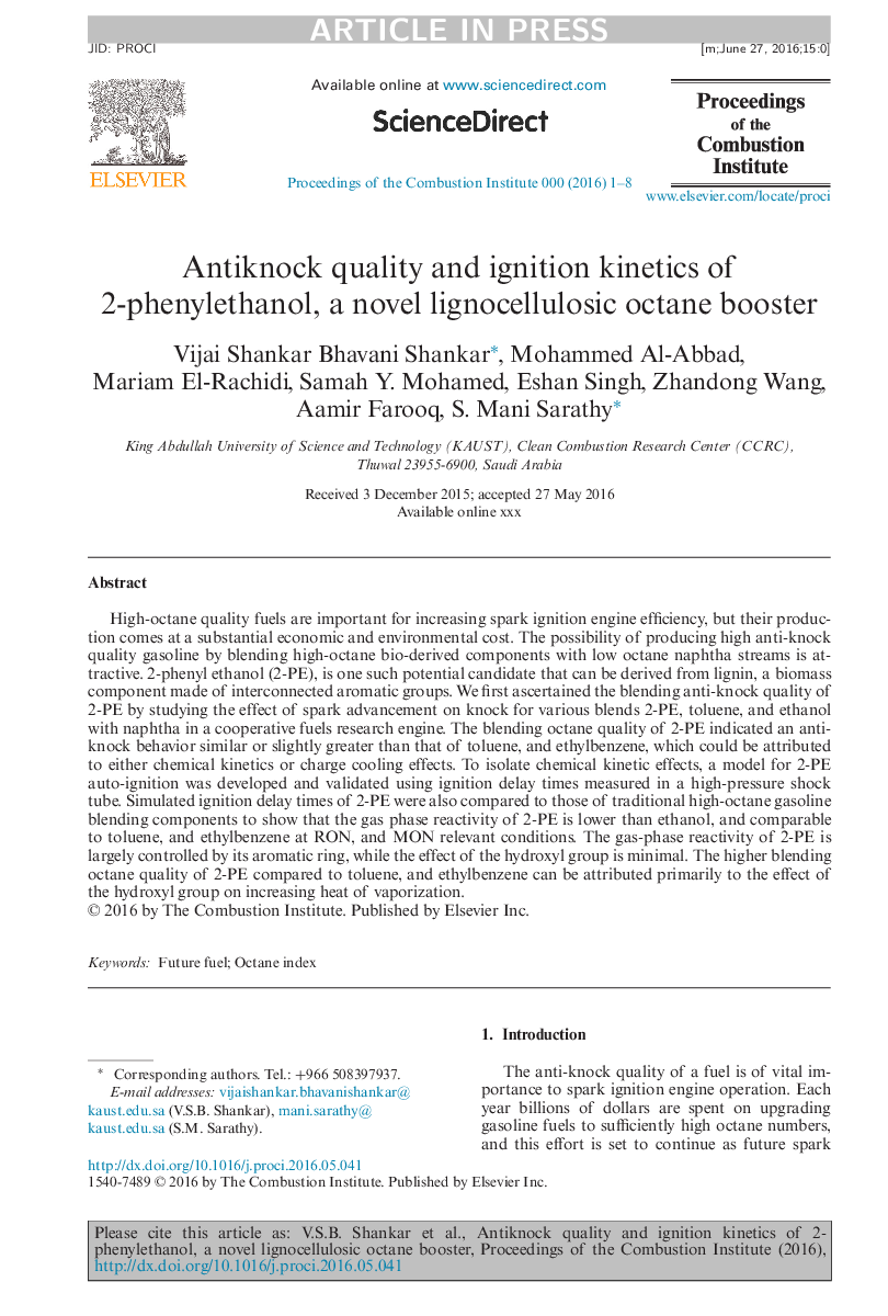 Antiknock quality and ignition kinetics of 2-phenylethanol, a novel lignocellulosic octane booster