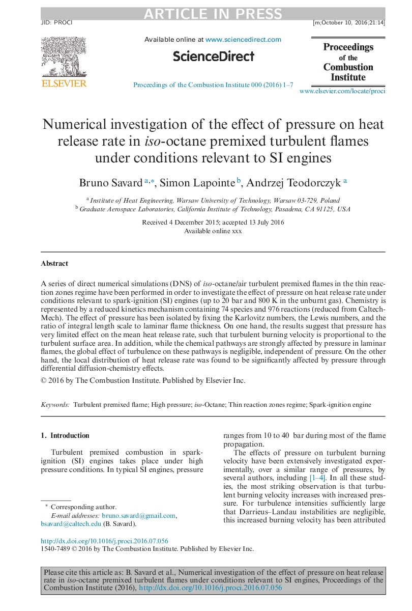 Numerical investigation of the effect of pressure on heat release rate in iso-octane premixed turbulent flames under conditions relevant to SI engines