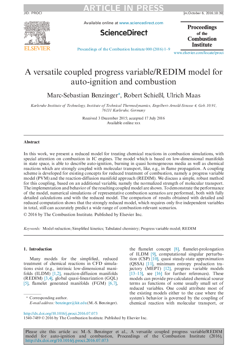 A versatile coupled progress variable/REDIM model for auto-ignition and combustion