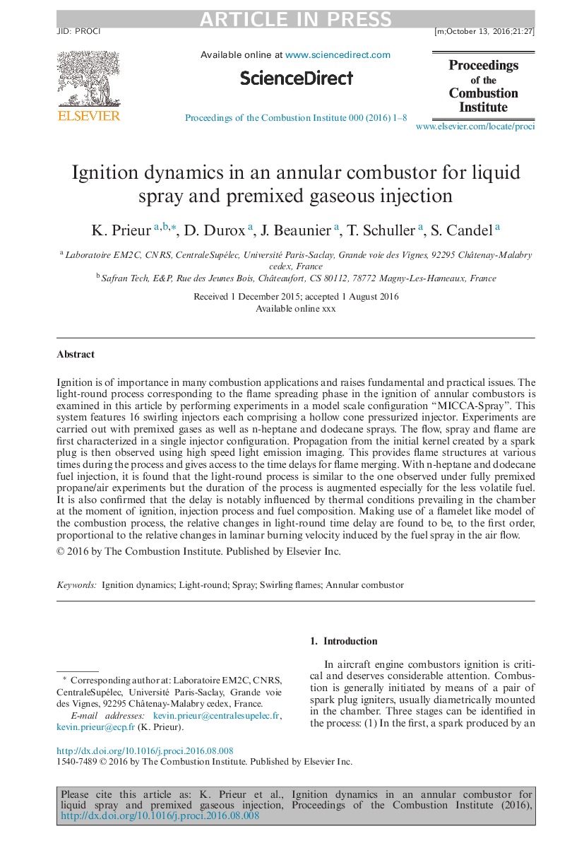 Ignition dynamics in an annular combustor for liquid spray and premixed gaseous injection