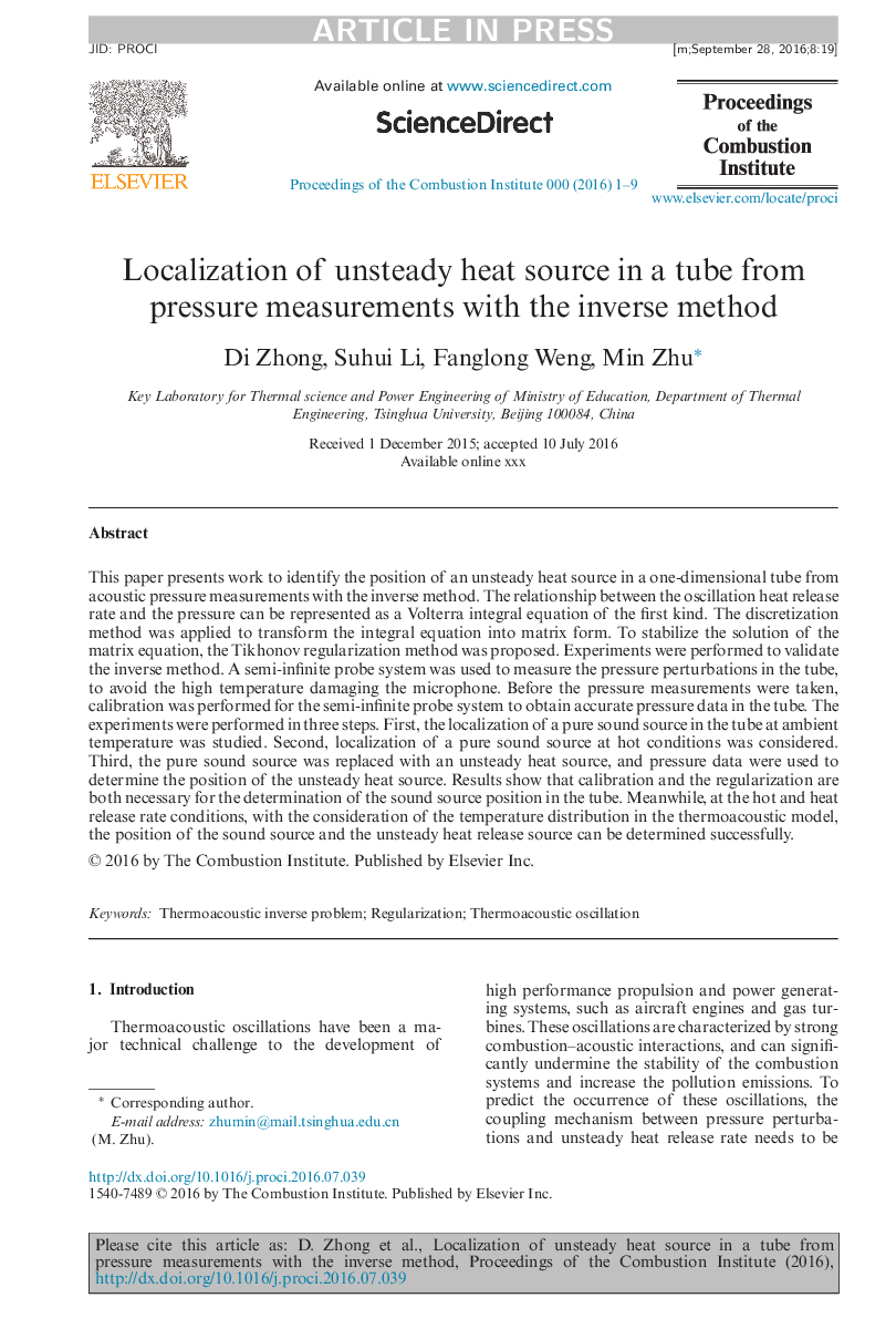 Localization of unsteady heat source in a tube from pressure measurements with the inverse method