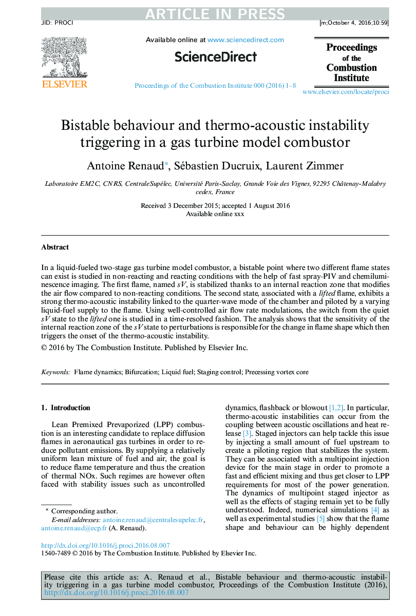 Bistable behaviour and thermo-acoustic instability triggering in a gas turbine model combustor