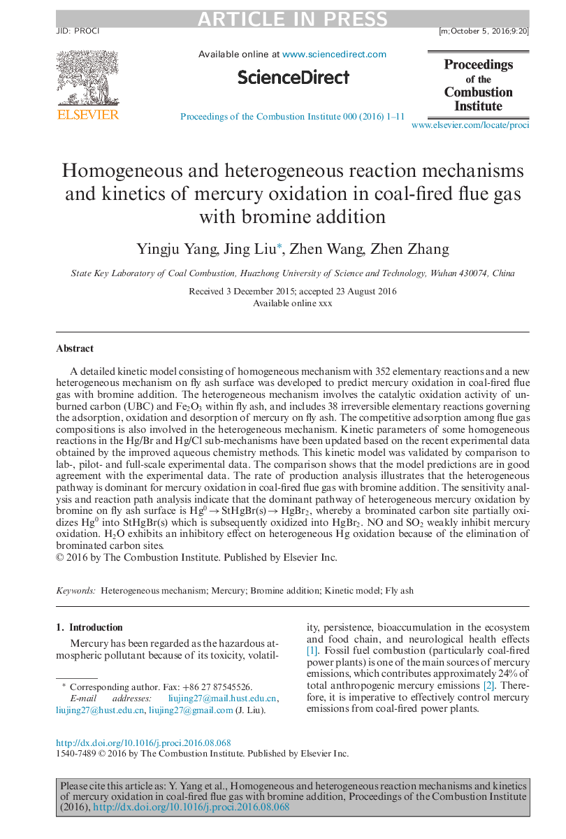Homogeneous and heterogeneous reaction mechanisms and kinetics of mercury oxidation in coal-fired flue gas with bromine addition