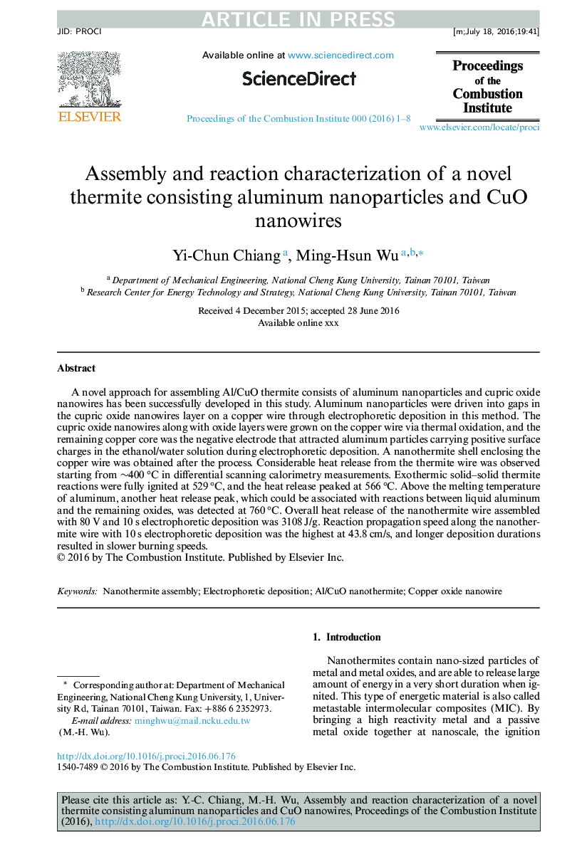 Assembly and reaction characterization of a novel thermite consisting aluminum nanoparticles and CuO nanowires