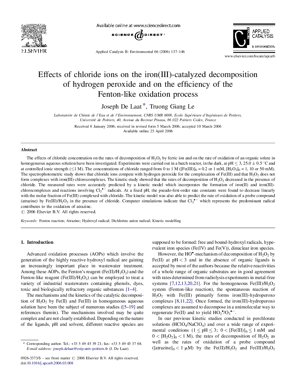 Effects of chloride ions on the iron(III)-catalyzed decomposition of hydrogen peroxide and on the efficiency of the Fenton-like oxidation process