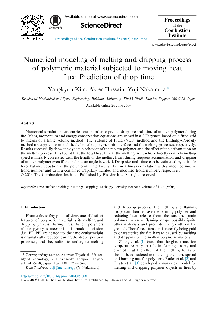 Numerical modeling of melting and dripping process of polymeric material subjected to moving heat flux: Prediction of drop time