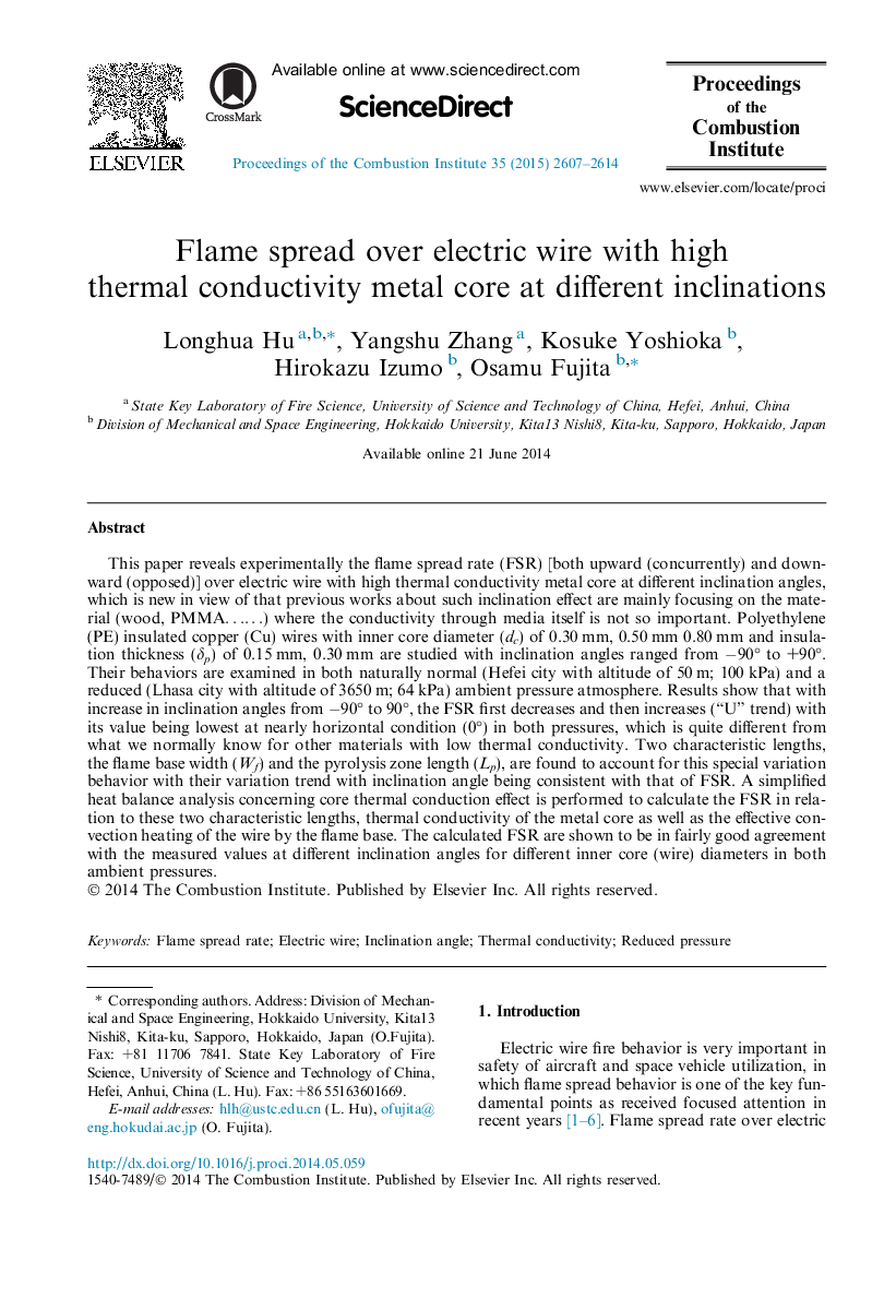 Flame spread over electric wire with high thermal conductivity metal core at different inclinations