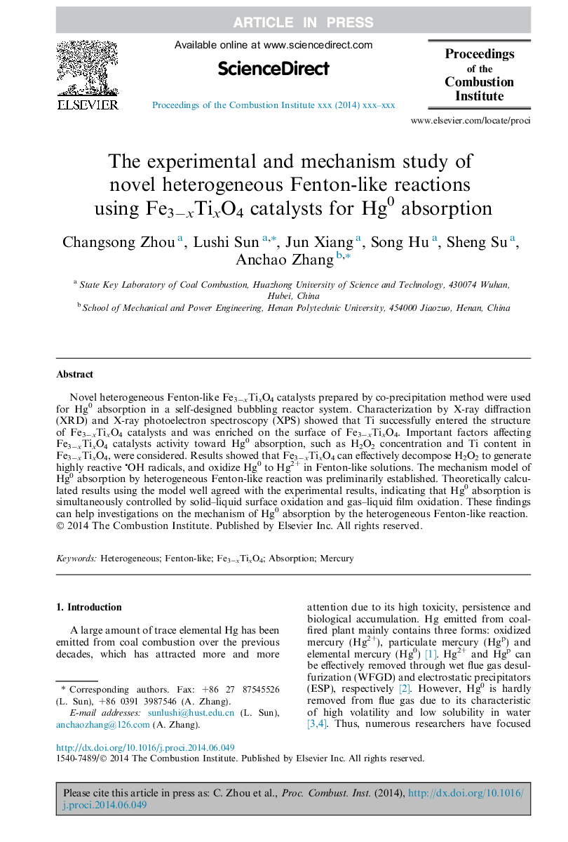 The experimental and mechanism study of novel heterogeneous Fenton-like reactions using Fe3âxTixO4 catalysts for Hg0 absorption