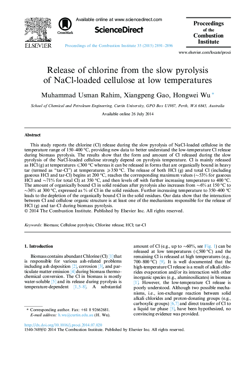 Release of chlorine from the slow pyrolysis of NaCl-loaded cellulose at low temperatures