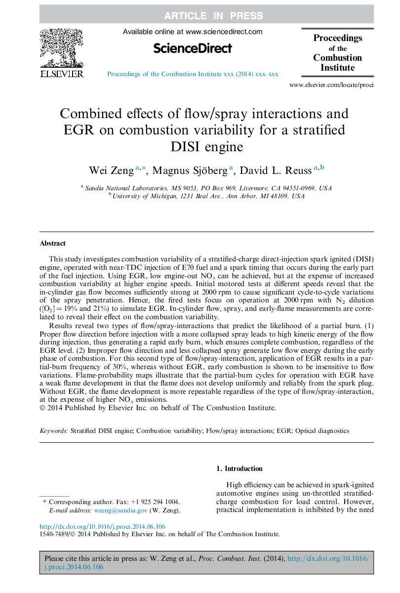 Combined effects of flow/spray interactions and EGR on combustion variability for a stratified DISI engine