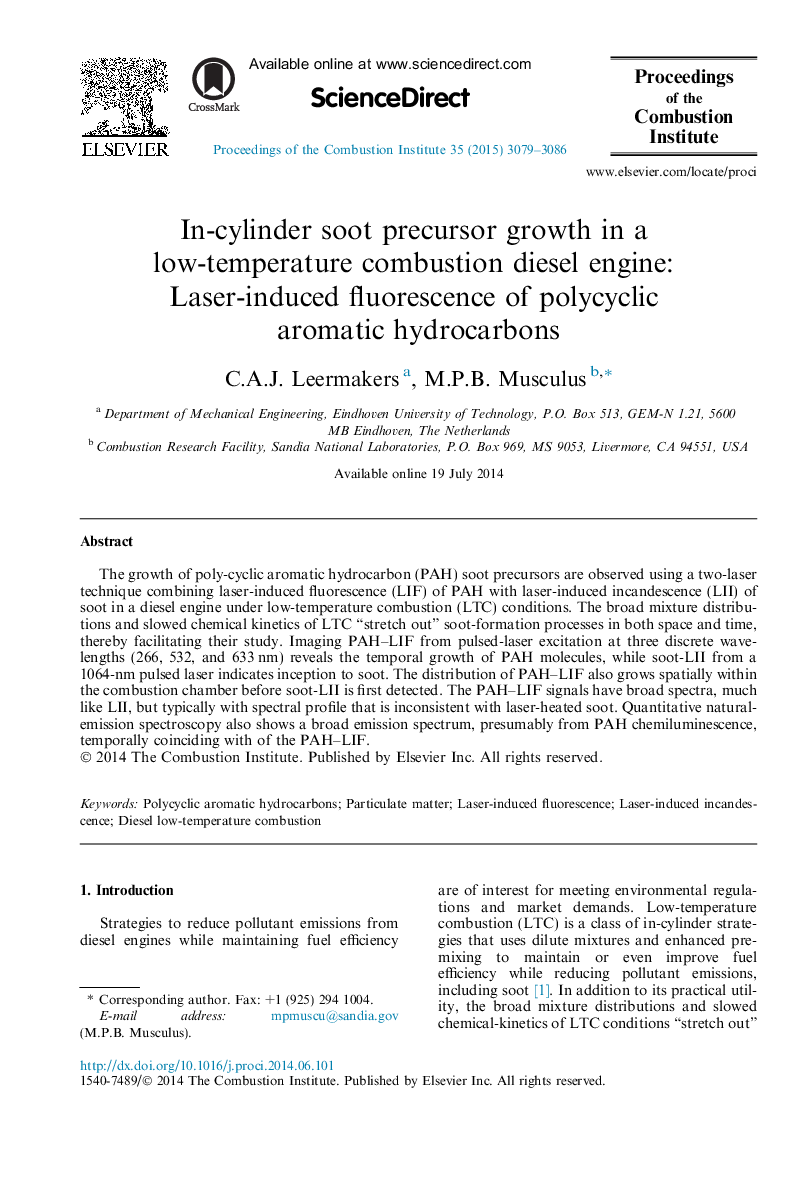 In-cylinder soot precursor growth in a low-temperature combustion diesel engine: Laser-induced fluorescence of polycyclic aromatic hydrocarbons